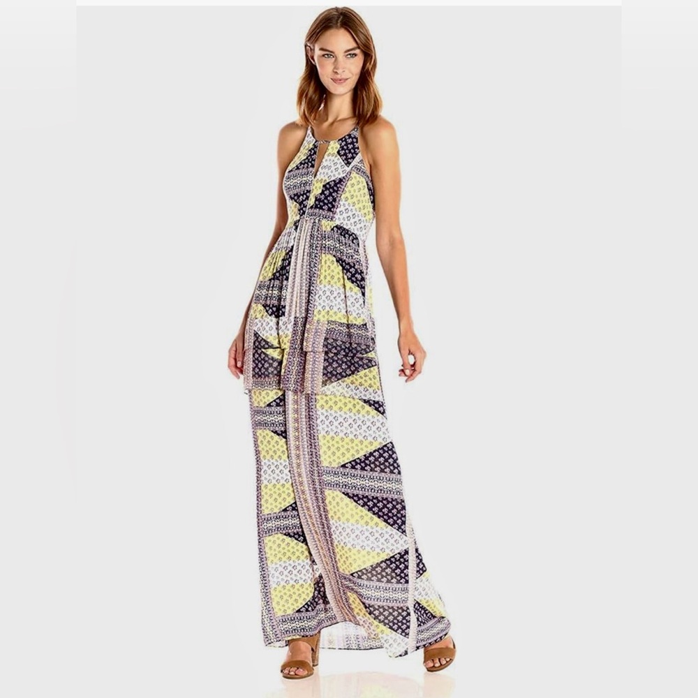 BCBGeneration Yellow and Black Plunge Neck Sundress Maxi